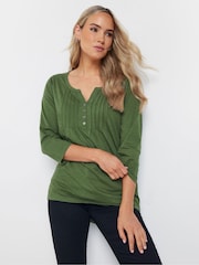 Long Tall Sally Green 3/4 Sleeve Pintuck Henley 100% Cotton Top - Image 1 of 5