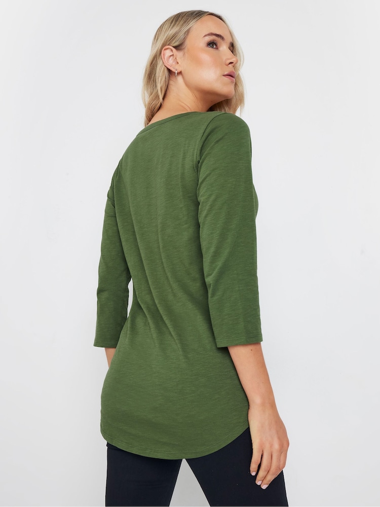 Long Tall Sally Green 3/4 Sleeve Pintuck Henley 100% Cotton Top - Image 3 of 5