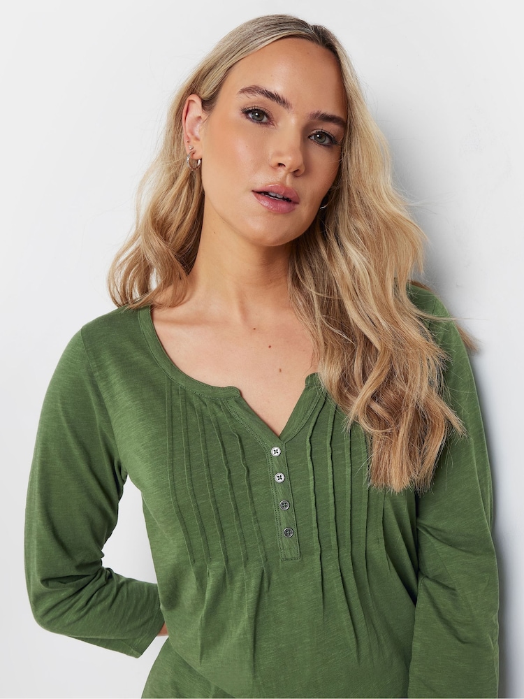 Long Tall Sally Green 3/4 Sleeve Pintuck Henley 100% Cotton Top - Image 4 of 5