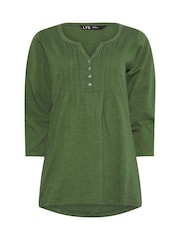 Long Tall Sally Green 3/4 Sleeve Pintuck Henley 100% Cotton Top - Image 5 of 5