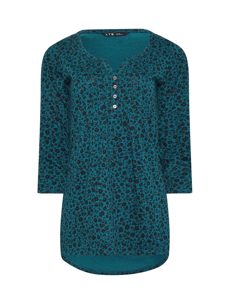Long Tall Sally Black/Green 3/4 Sleeve Pintuck Henley 100% Cotton Top - Image 5 of 5