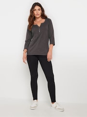 Long Tall Sally Grey 3/4 Sleeve Pintuck Henley 100% Cotton Top - Image 2 of 5