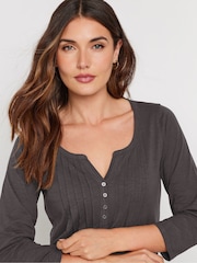 Long Tall Sally Grey 3/4 Sleeve Pintuck Henley 100% Cotton Top - Image 4 of 5