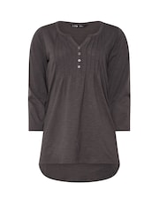 Long Tall Sally Grey 3/4 Sleeve Pintuck Henley 100% Cotton Top - Image 5 of 5