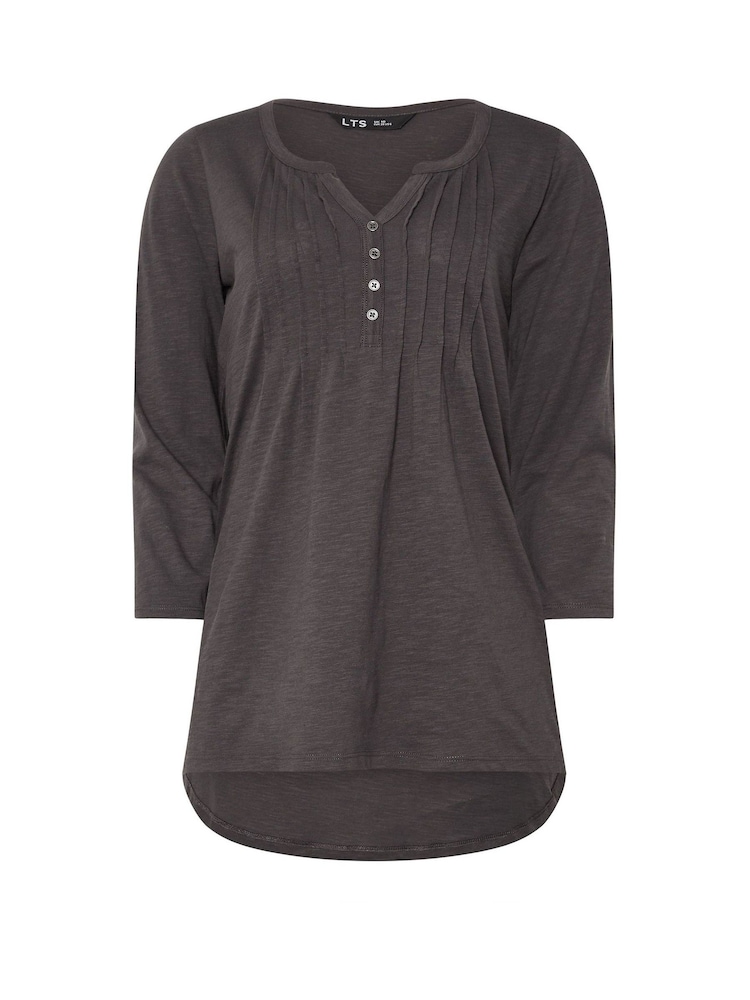 Long Tall Sally Grey 3/4 Sleeve Pintuck Henley 100% Cotton Top - Image 5 of 5