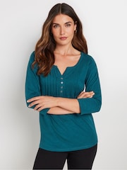 Long Tall Sally Bottle Green 3/4 Sleeve Pintuck Henley 100% Cotton Top - Image 1 of 5