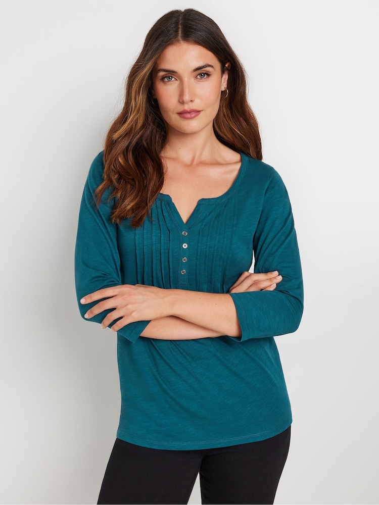 Long Tall Sally Bottle Green 3/4 Sleeve Pintuck Henley 100% Cotton Top - Image 1 of 5