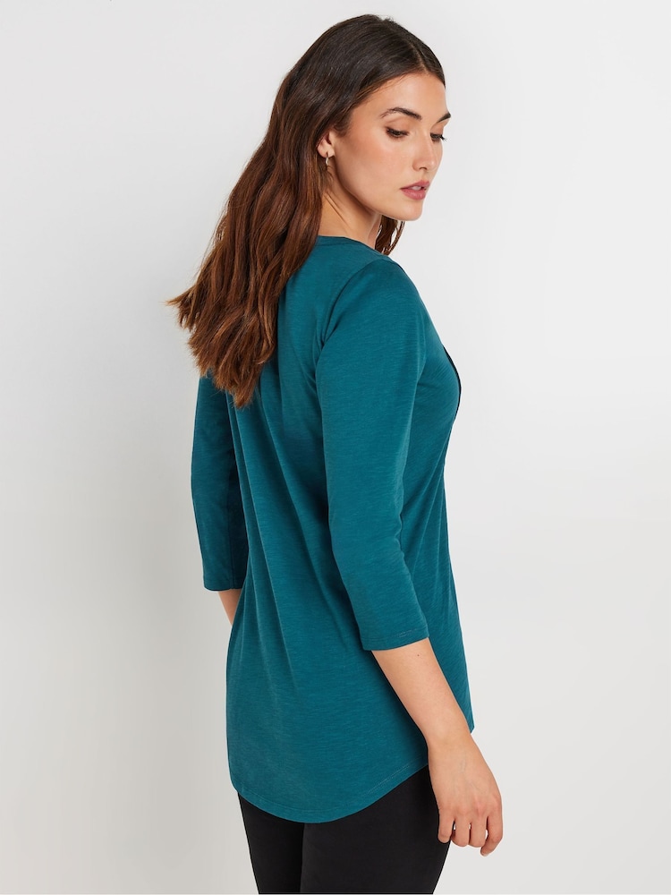 Long Tall Sally Bottle Green 3/4 Sleeve Pintuck Henley 100% Cotton Top - Image 2 of 5