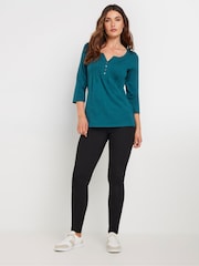 Long Tall Sally Bottle Green 3/4 Sleeve Pintuck Henley 100% Cotton Top - Image 3 of 5