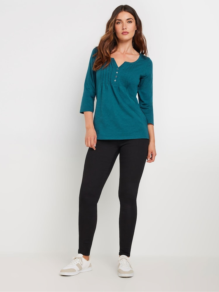 Long Tall Sally Bottle Green 3/4 Sleeve Pintuck Henley 100% Cotton Top - Image 3 of 5