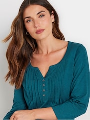 Long Tall Sally Bottle Green 3/4 Sleeve Pintuck Henley 100% Cotton Top - Image 4 of 5