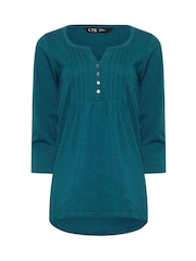 Long Tall Sally Bottle Green 3/4 Sleeve Pintuck Henley 100% Cotton Top - Image 5 of 5