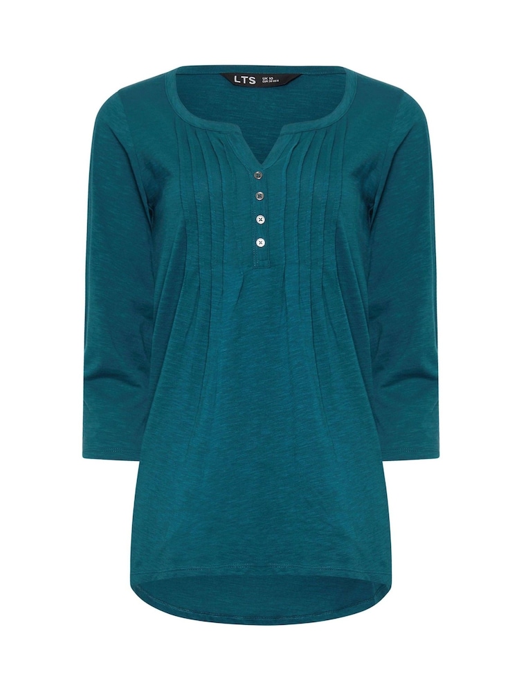 Long Tall Sally Bottle Green 3/4 Sleeve Pintuck Henley 100% Cotton Top - Image 5 of 5