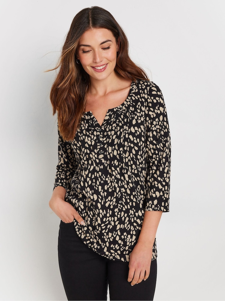 Long Tall Sally Natural 3/4 Sleeve Pintuck Henley 100% Cotton Top - Image 1 of 5