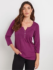 Long Tall Sally Pink 3/4 Sleeve Pintuck Henley 100% Cotton Top - Image 1 of 5