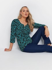 Long Tall Sally Green Chrome 3/4 Sleeve Pintuck Henley 100% Cotton Top - Image 1 of 5