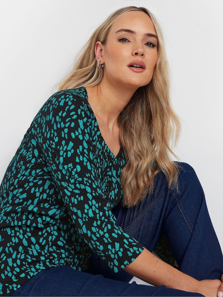 Long Tall Sally Green Chrome 3/4 Sleeve Pintuck Henley 100% Cotton Top - Image 4 of 5