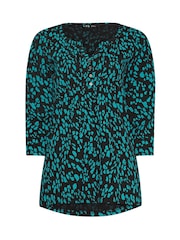 Long Tall Sally Green Chrome 3/4 Sleeve Pintuck Henley 100% Cotton Top - Image 5 of 5