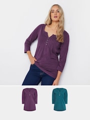 Long Tall Sally Purple 3/4 Sleeve Pintuck Henley 100% Cotton Tops 2 Pack - Image 1 of 8