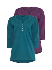Long Tall Sally Purple 3/4 Sleeve Pintuck Henley 100% Cotton Tops 2 Pack - Image 6 of 8