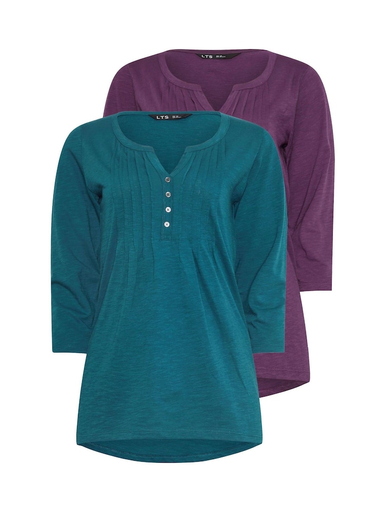 Long Tall Sally Purple 3/4 Sleeve Pintuck Henley 100% Cotton Tops 2 Pack - Image 6 of 8