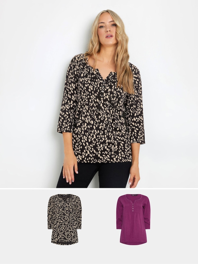 Long Tall Sally Dark pink 3/4 Sleeve Pintuck Henley 100% Cotton Tops 2 Pack - Image 1 of 8
