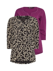 Long Tall Sally Dark pink 3/4 Sleeve Pintuck Henley 100% Cotton Tops 2 Pack - Image 6 of 8