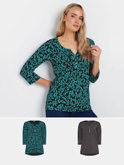 Long Tall Sally Dark grey 3/4 Sleeve Pintuck Henley 100% Cotton Tops 2 Pack - Image 1 of 8