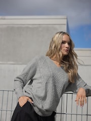 Long Tall Sally Grey Cable V-Front Jumper - Image 3 of 5