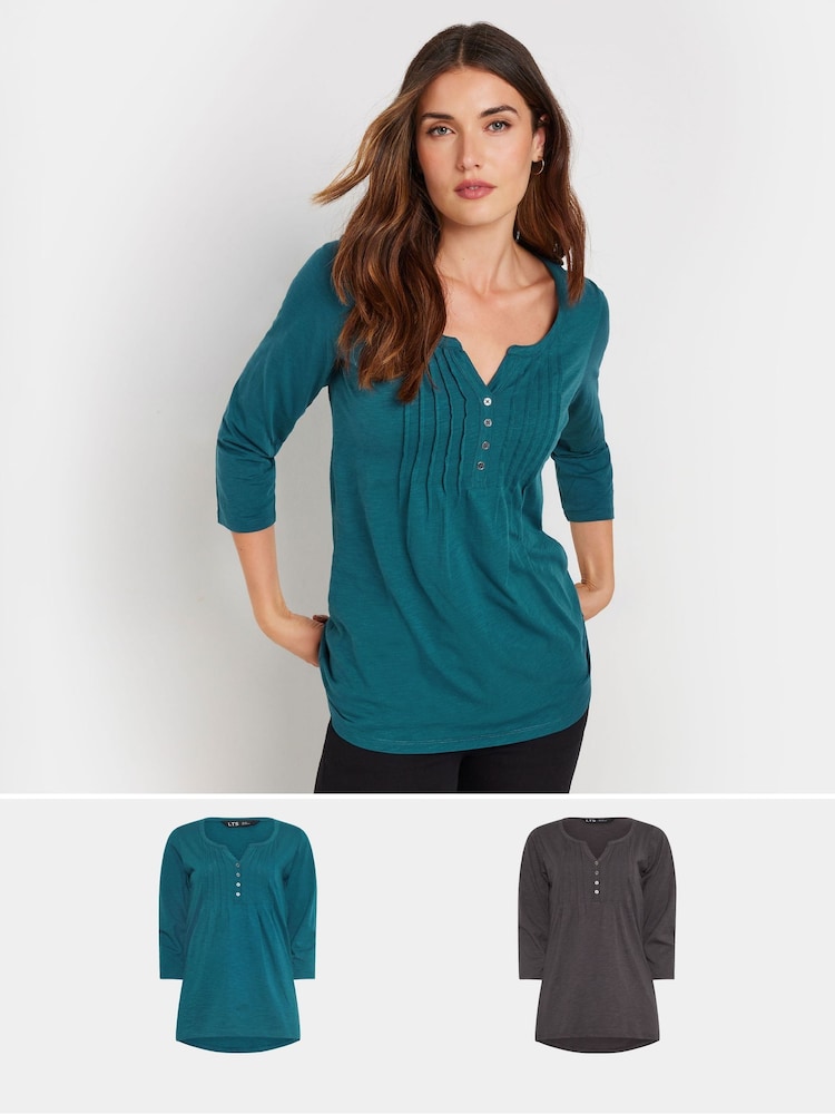 Long Tall Sally Grey 3/4 Sleeve Pintuck Henley 100% Cotton Tops 2 Pack - Image 1 of 7