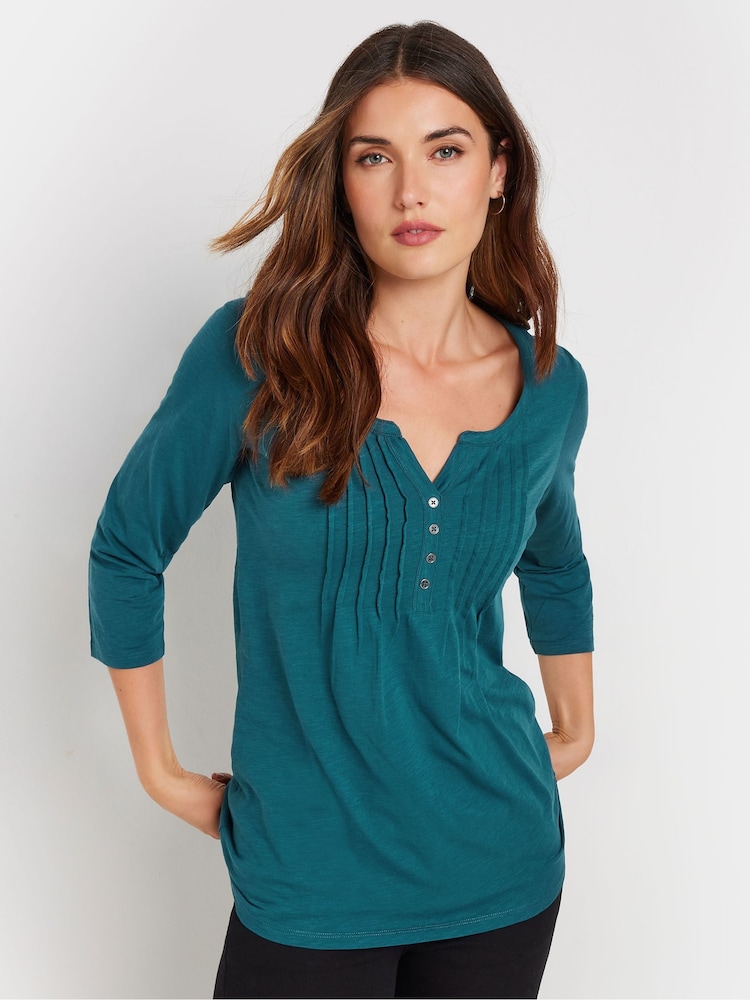 Long Tall Sally Grey 3/4 Sleeve Pintuck Henley 100% Cotton Tops 2 Pack - Image 2 of 7