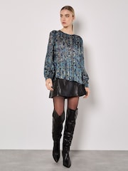 Apricot Blue Metallic Paisley Volume Sleeve Top - Image 1 of 4