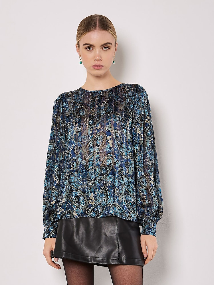 Apricot Blue Metallic Paisley Volume Sleeve Top - Image 2 of 4