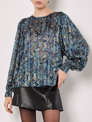 Apricot Blue Metallic Paisley Volume Sleeve Top - Image 3 of 4