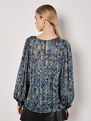 Apricot Blue Metallic Paisley Volume Sleeve Top - Image 4 of 4
