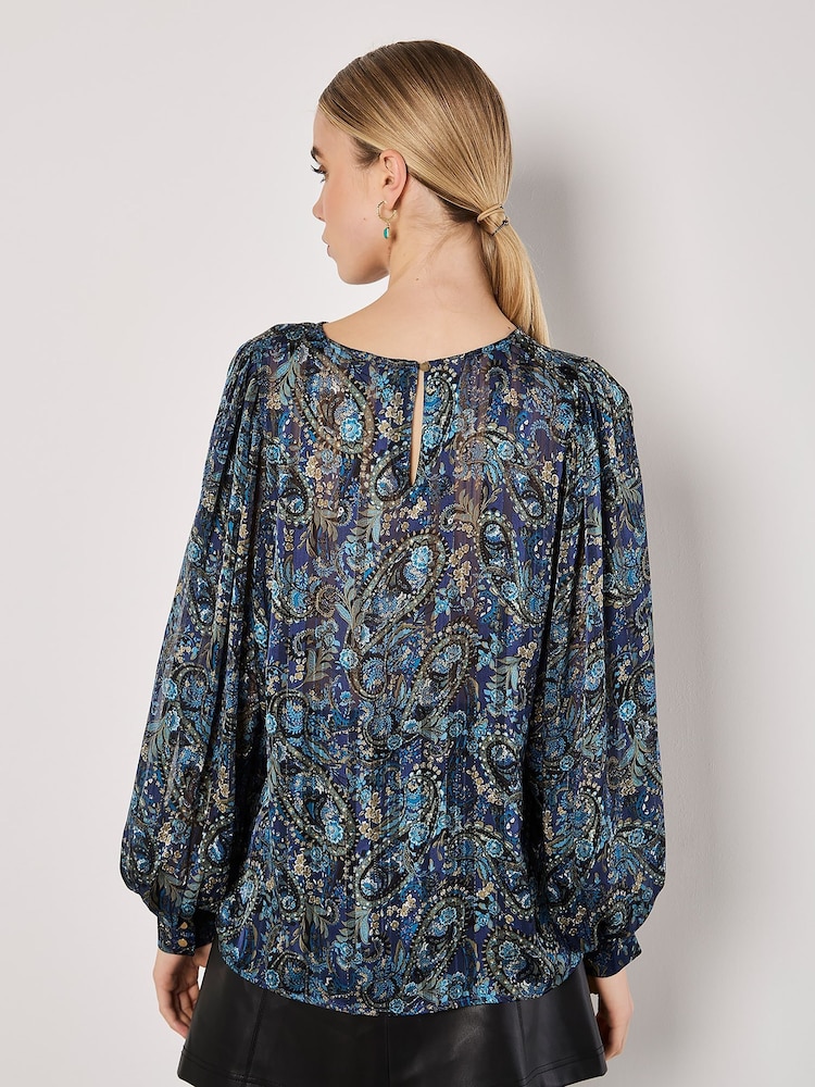 Apricot Blue Metallic Paisley Volume Sleeve Top - Image 4 of 4