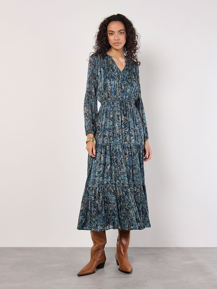 Apricot Blue Painterly Metallic Paisley Midaxi Dress - Image 1 of 5