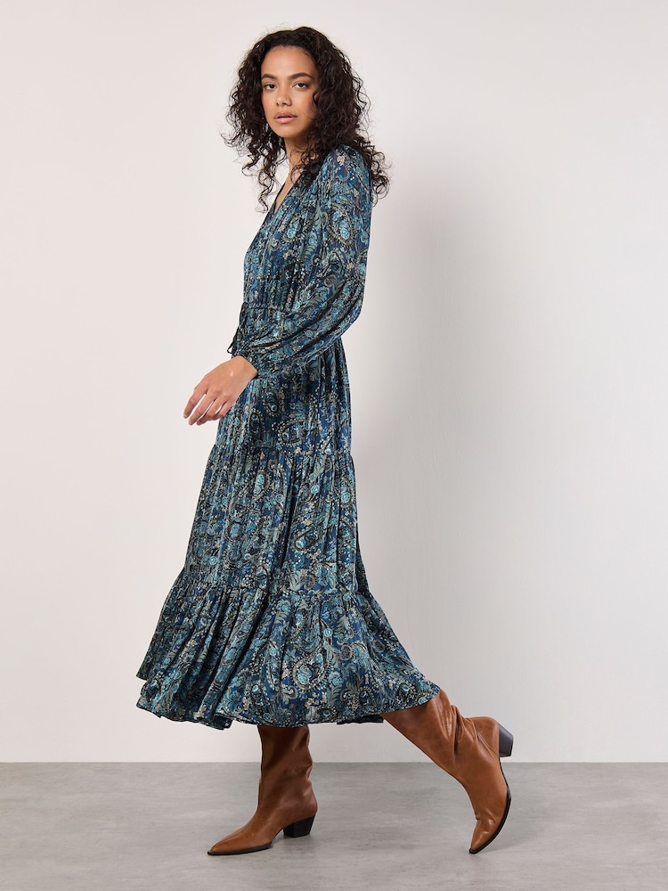 Apricot Blue Painterly Metallic Paisley Midaxi Dress - Image 2 of 5