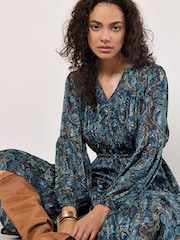 Apricot Blue Painterly Metallic Paisley Midaxi Dress - Image 5 of 5