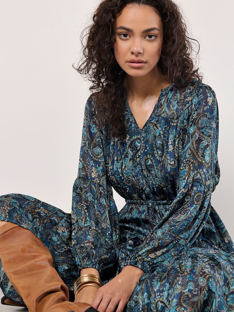 Apricot Blue Painterly Metallic Paisley Midaxi Dress - Image 5 of 5