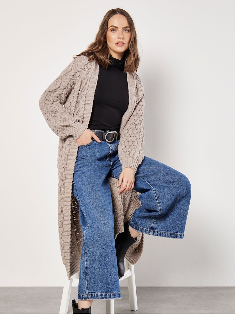 Apricot Natural Cable Knit Open Midi Cardigan - Image 2 of 4 Apricot Natural Cable Knit Open Midi Cardigan - Image 2 of 4