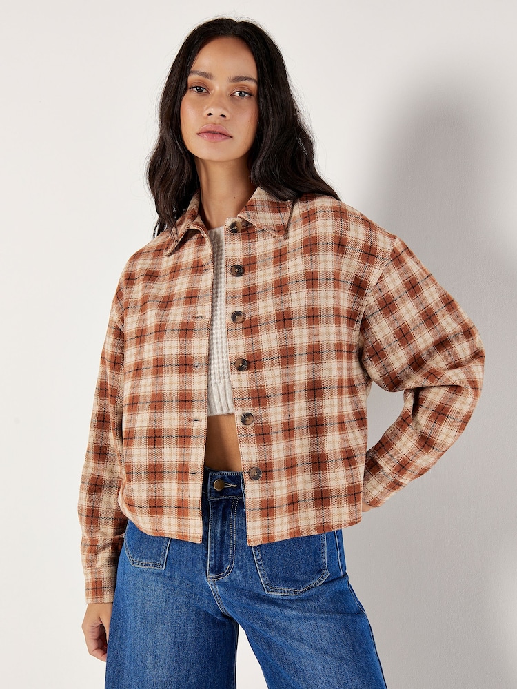 Apricot Orange Plaid Cropped Shacket - Image 1 of 5