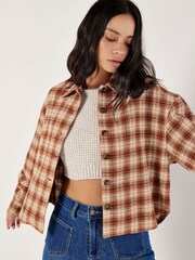 Apricot Orange Plaid Cropped Shacket - Image 2 of 5
