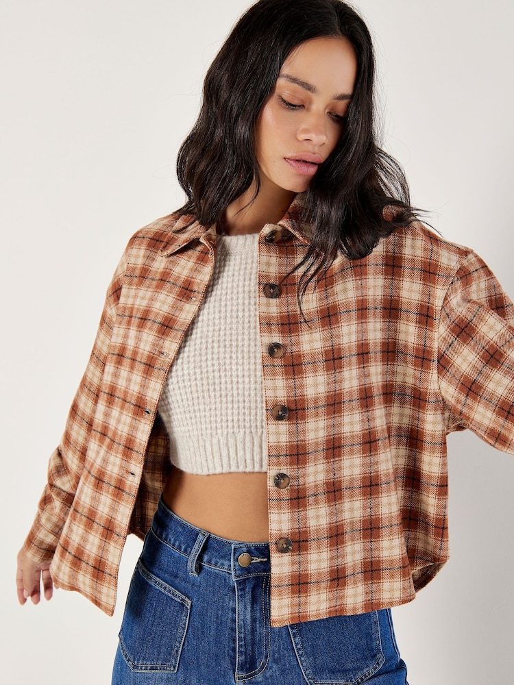 Apricot Orange Plaid Cropped Shacket - Image 2 of 5