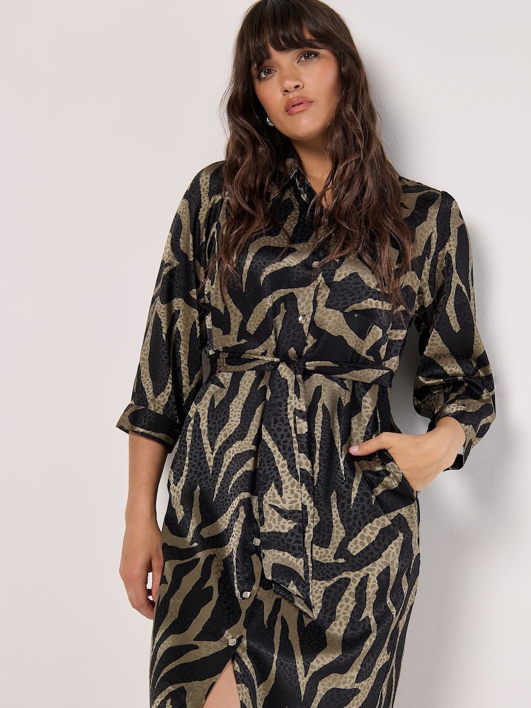 Apricot Green Texture Zebra 3/4 Sleeves Tie Dress - Image 3 of 4