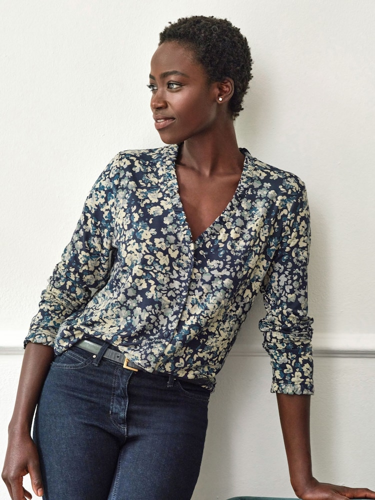 Pure Collection Loose Fit Frill V-Neck Black Jersey - Image 1 of 4
