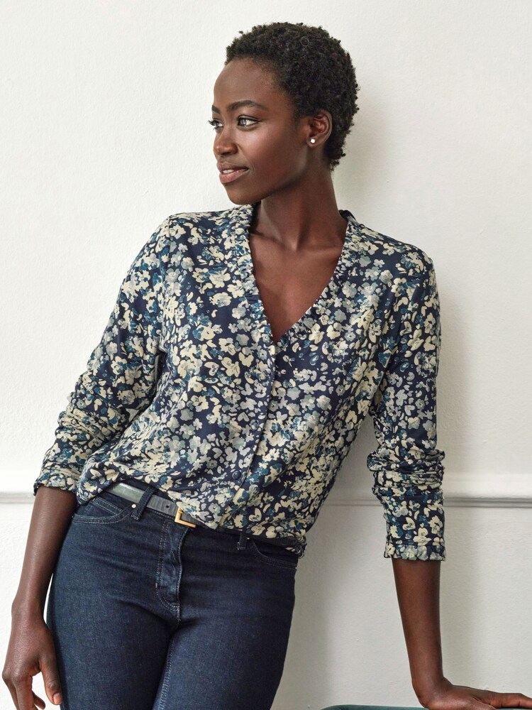 Pure Collection Loose Fit Frill V-Neck Black Jersey - Image 1 of 4 Pure Collection Loose Fit Frill V-Neck Black Jersey - Image 1 of 4