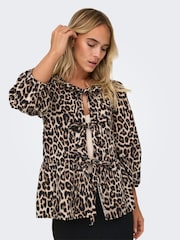 ONLY Animal Leopard Print Puff Sleeve Tie 100% Cotton Top - Image 1 of 7