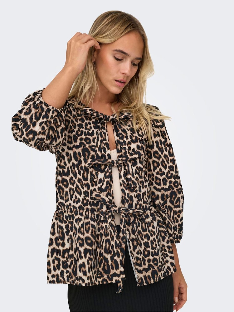 ONLY Animal Leopard Print Puff Sleeve Tie 100% Cotton Top - Image 1 of 7