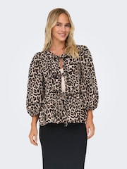 ONLY Animal Leopard Print Puff Sleeve Tie 100% Cotton Top - Image 3 of 7